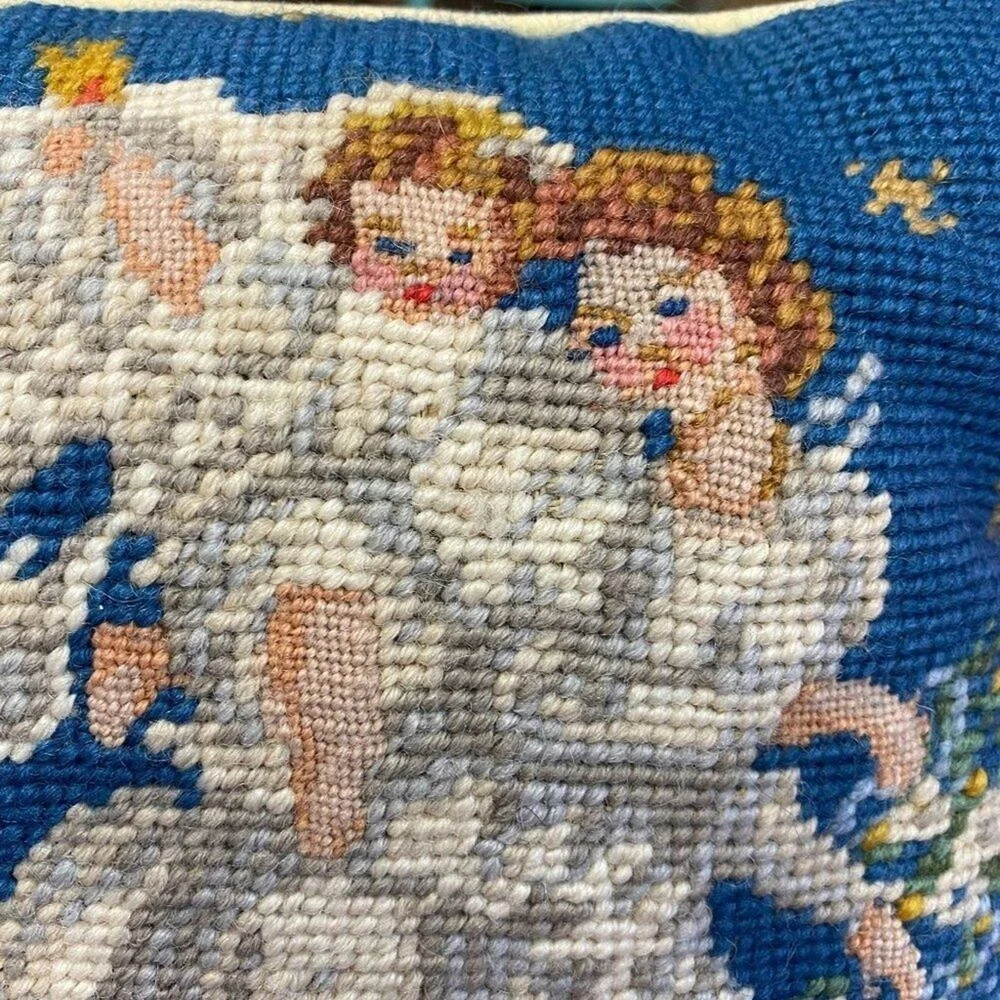 Christmas Pillow Vintage Blue Wool Needlepoint Angels‎ Holiday 10 Inch